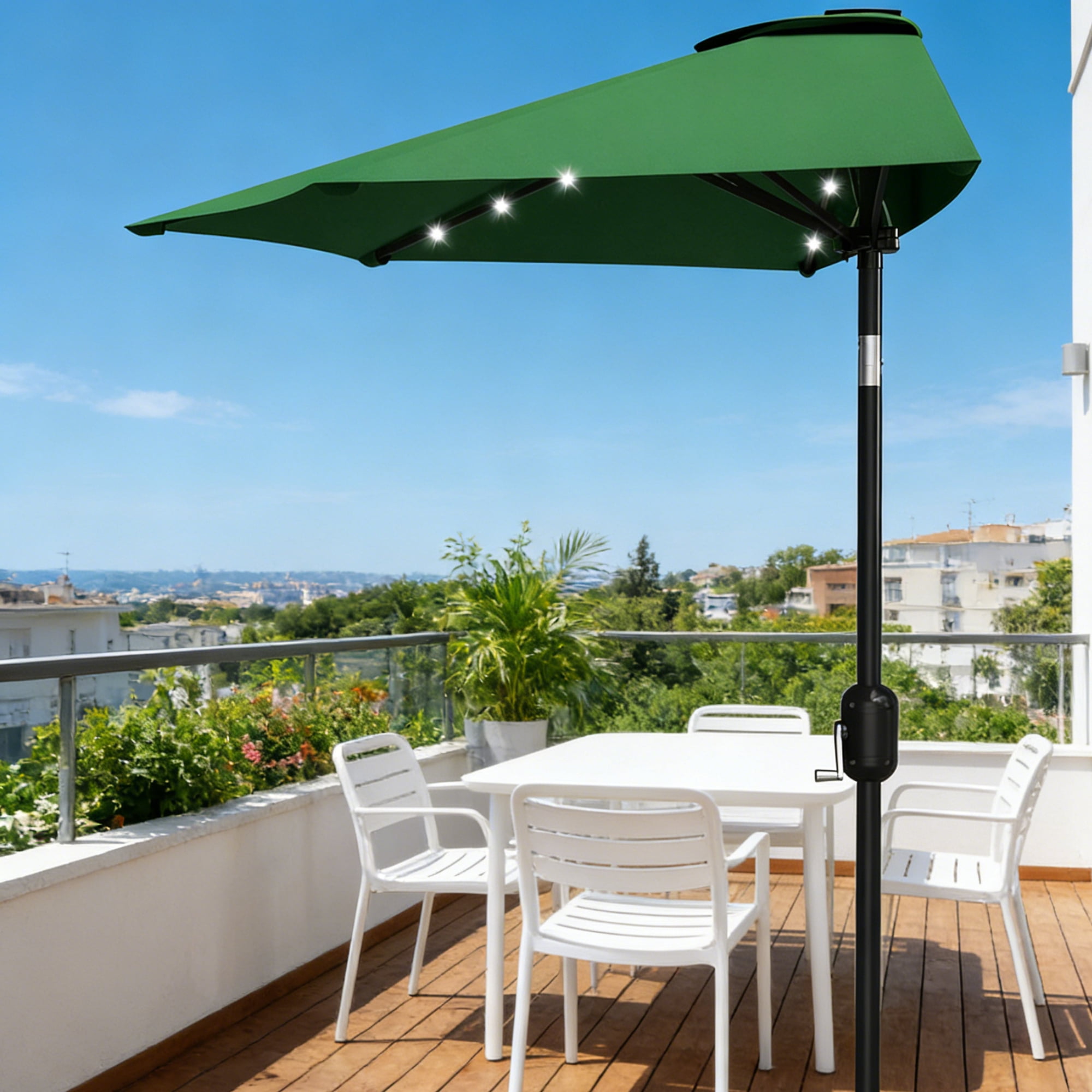 Emorefun 9ft Half Umbrella for Patio, Canopy Umbrella with Solar LED Lights and Crank Lift, Dark Green