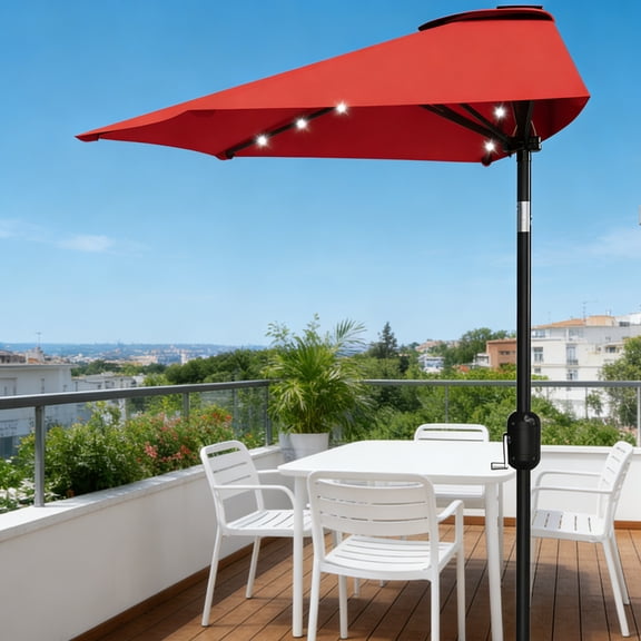 Emorefun 9ft Half Umbrella for Patio, Canopy Umbrella with Solar LED Lights and Crank Lift, Red