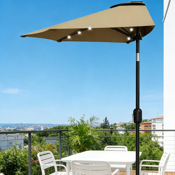 Emorefun 9ft Half Umbrella for Patio, Canopy Umbrella with Solar LED Lights and Crank Lift, Tan