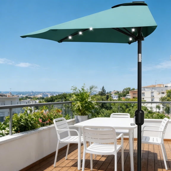 Emorefun 9ft Half Umbrella for Patio, Canopy Umbrella with Solar LED Lights and Crank Lift, Turquoise