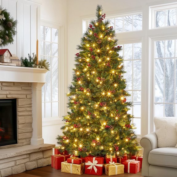 Emorefun Artificial Christmas Pencil Tree, 6ft Pre-Lit Tree with Pine Cones & Berries for Holiday Decor, Green