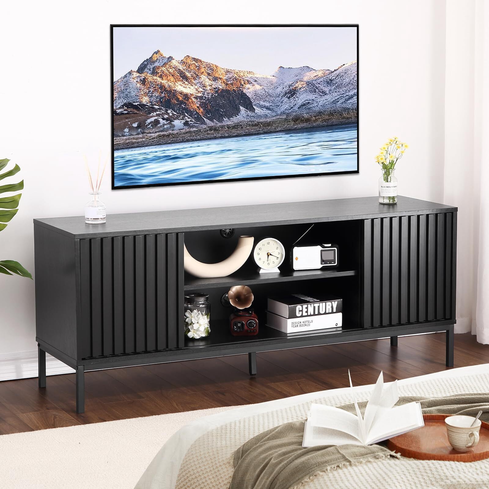 Emorefun Black Entertainment Center with Storage, Modern TV Stand W ...
