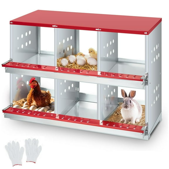 Emorefun Chicken Nesting Box with Cover, Heavy Duty Chicken Coop Equipment W/6 Compartment & Vented Holes for Hens, Rabbits, Ducks, Red