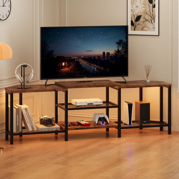 Emorefun Corner TV Stand for 75 Inch TV, TV Media Console Table with 3-Tier Open Storage Shelves & Power Outlet, Rustic Brown