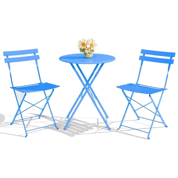 Emorefun Foldable Patio Set, 3 Piece Small Bistro Set with Round Table for Outdoor & Indoor, Blue