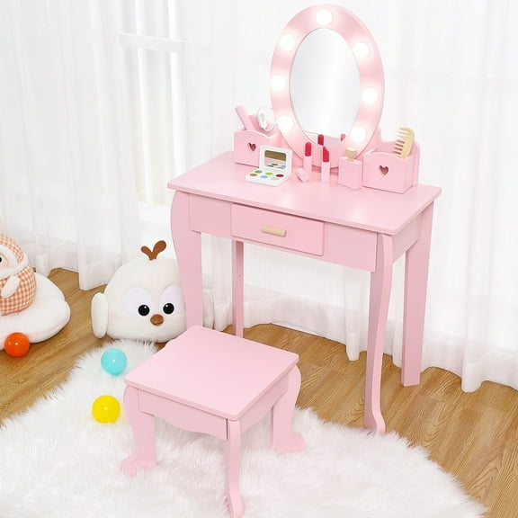 Emorefun Kids Makeup Dressing Table With Lights & Wood Makeup PlaysetGirls' Vanity Set With Mirror and DrawerPink
