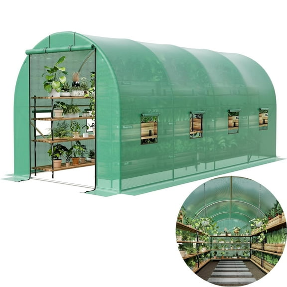Emorefun Large Greenhouse, Heavy-Duty Walk in Tunnel Greenhouse with Roll Door & 8 Mesh Windows for Backyard Planting, 15x6.5x6.5 ft, Green