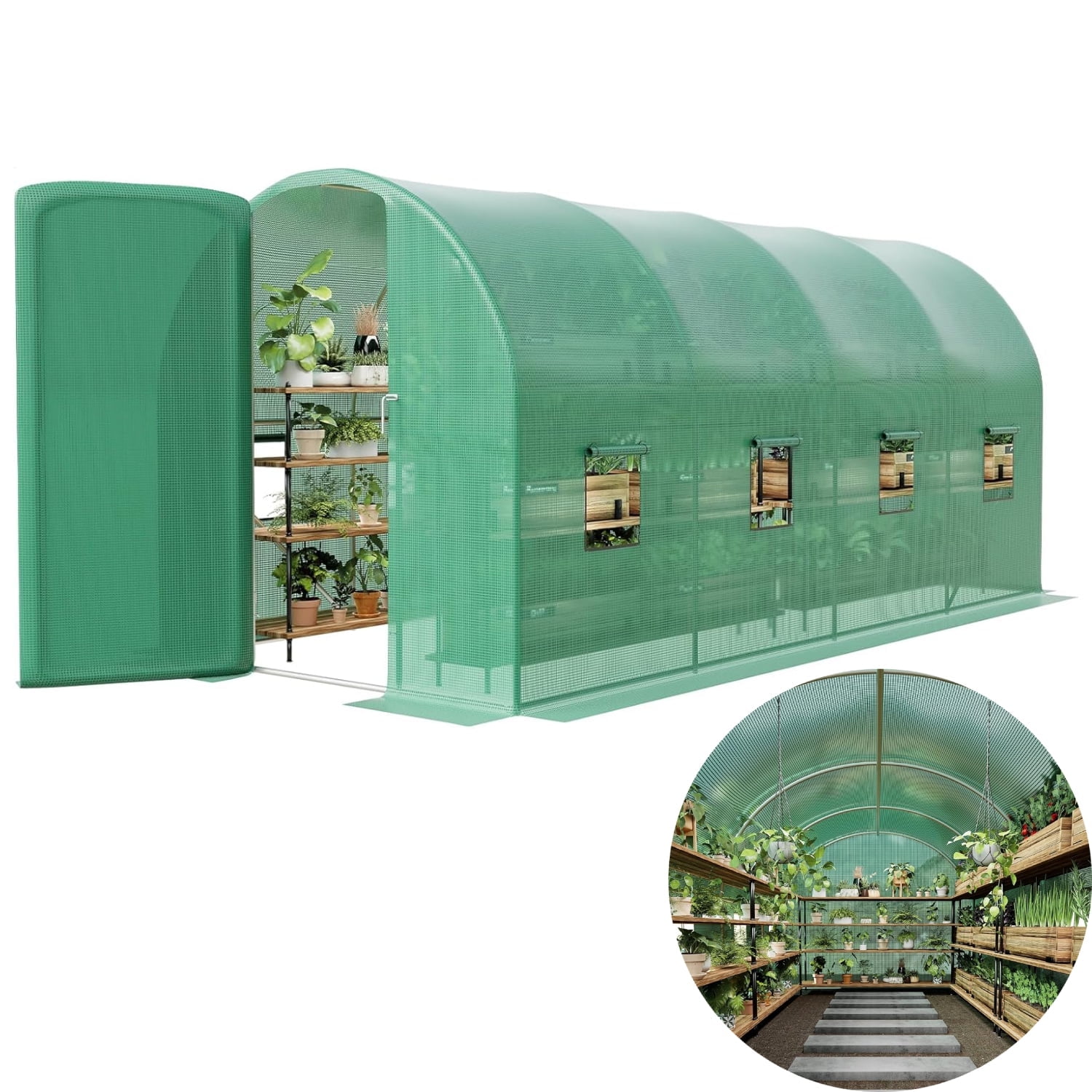 Emorefun Large Greenhouse, Heavy-Duty Walk in Tunnel Greenhouse with Swing Door & 8 Mesh Windows for Backyard Planting, 15x6.5x6.5 ft, Green