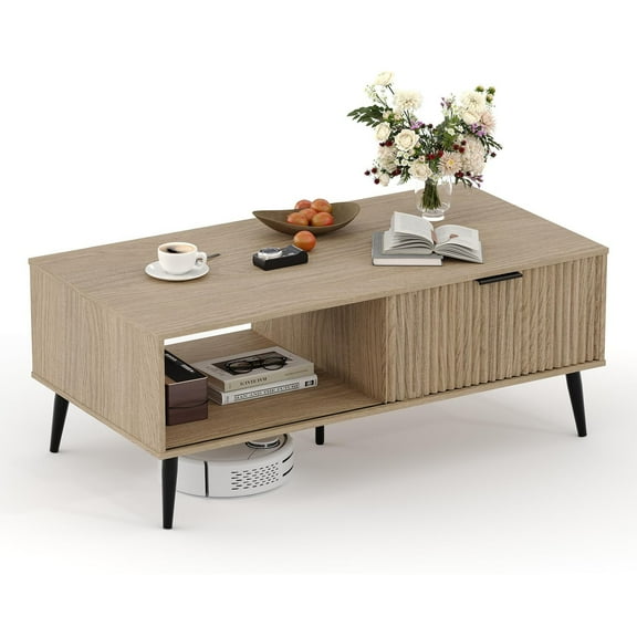 Emorefun Modern Coffee Table, 2-Tier Wooden Dining Center Tables with Storage & Sliding Wave Pattern Door, Natural
