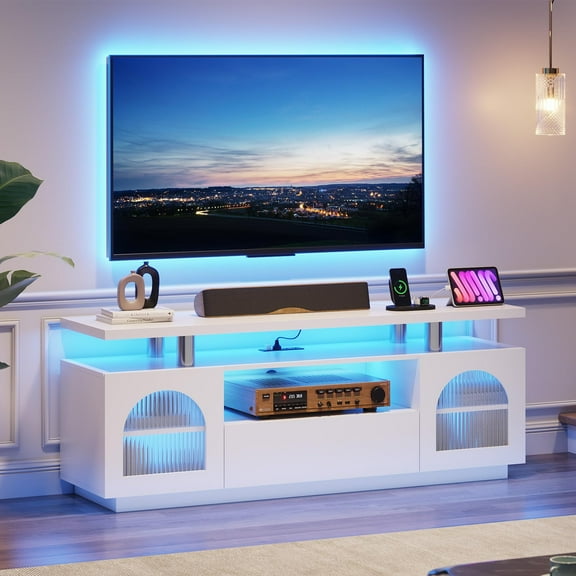 Emorefun Modern TV Stands for Living Room, 59" Entertainment Center with Power Outlets & LED Lights, White