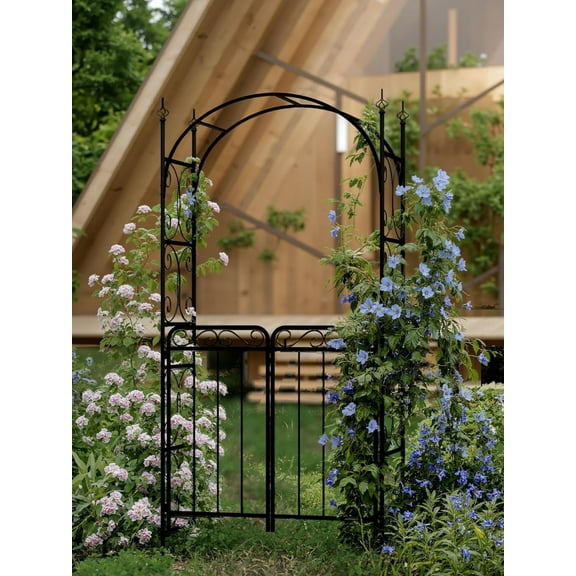 Emorefun Outdoor Plant Trellis with Gates, 8ft Metal Arch Trellis for Weddings, Vines & Roses, Black