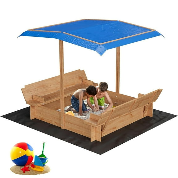 Emorefun Outdoor Sandbox with Lid, 47" x 47" Large Sand Box W/Adjustable Canopy & Foldable Bench Seats for Backyard, Beach