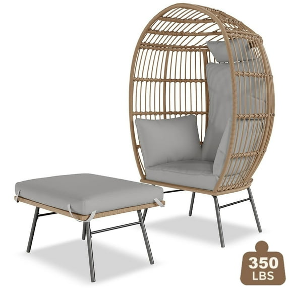 Emorefun Oversized Egg Chair with Stand, Round Wicker Chair W/Ottoman & Thick Cushion for Indoor Outdoor Patio Porch Backyard, Gray