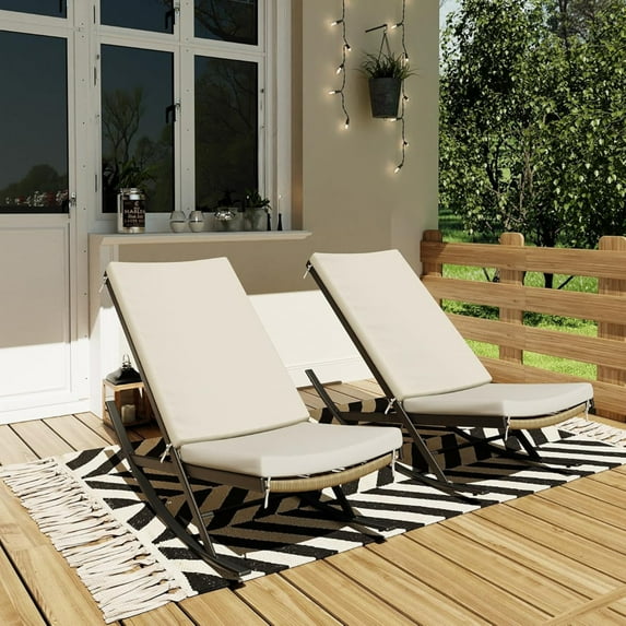 Emorefun Rocking Chairs Outdoor, 2 Pack Lounge Chaise Chair with Thick Cushion for Living Room Patio Porch, Beige
