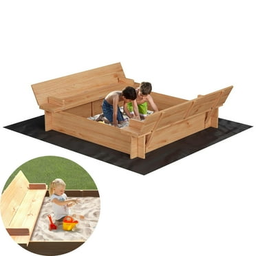 Emorefun Sandbox with Cover, Outdoor Wooden Sand Box W/Bottom Liner & Foldable Bench Seats for Kids Ages 3-8