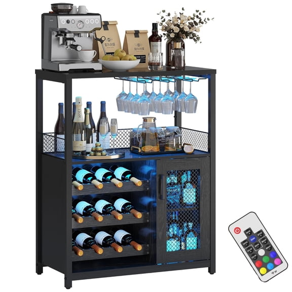 Emorefun Small Bar Cabinet with LED Lights, Modern Liquor Cabinet W/Adjustable Wine Rack & Storage Shelves for Home, Black
