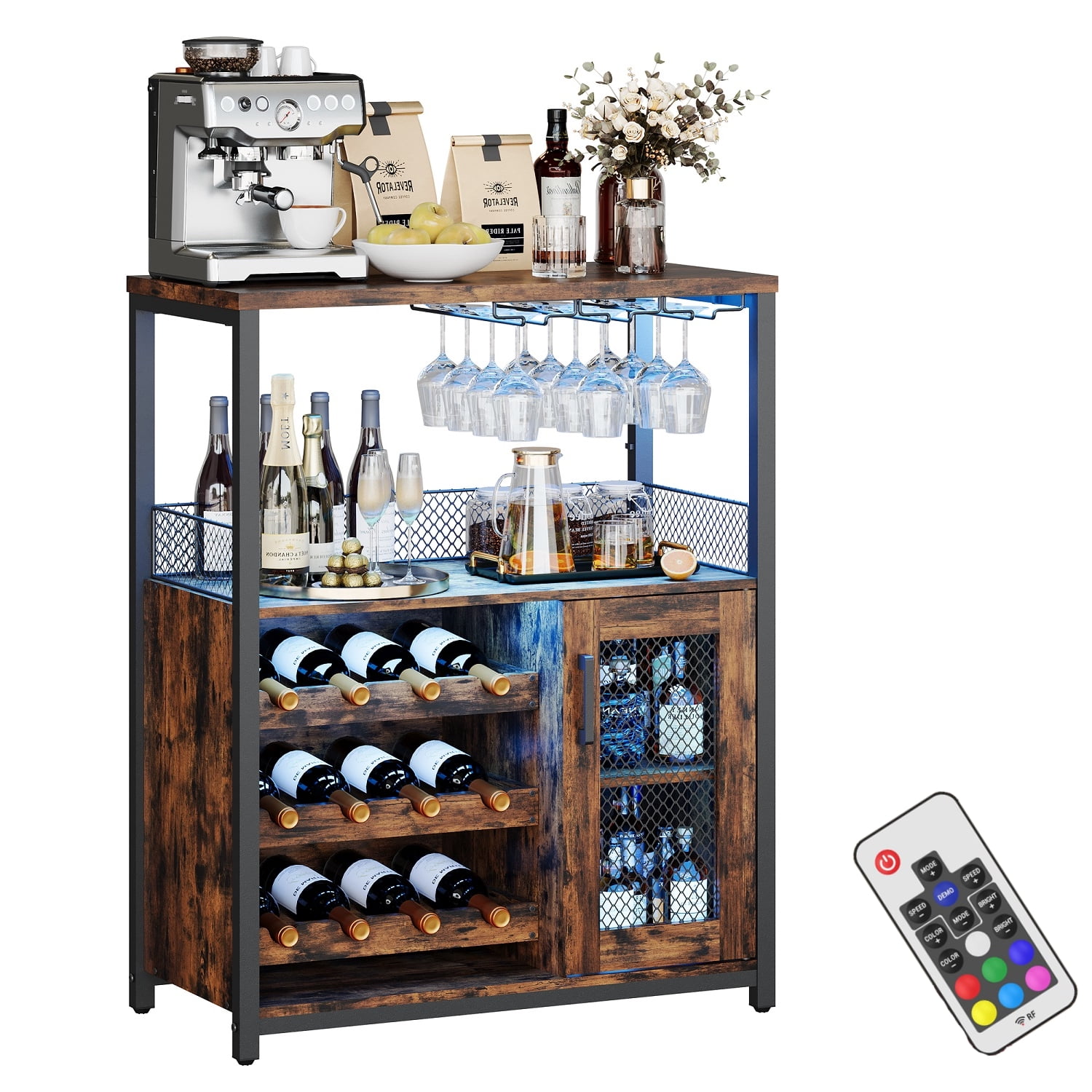Emorefun Small Bar Cabinet with LED Lights, Modern Liquor Cabinet W/Adjustable Wine Rack & Storage Shelves for Home, Rustic Brown - Walmart.com