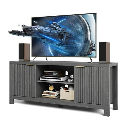 Emorefun TV Console Table for up to 65 Inch TVs, Mid Century Modern TV Stand with Storage Cabinets & Open Shelves, Gray Oak