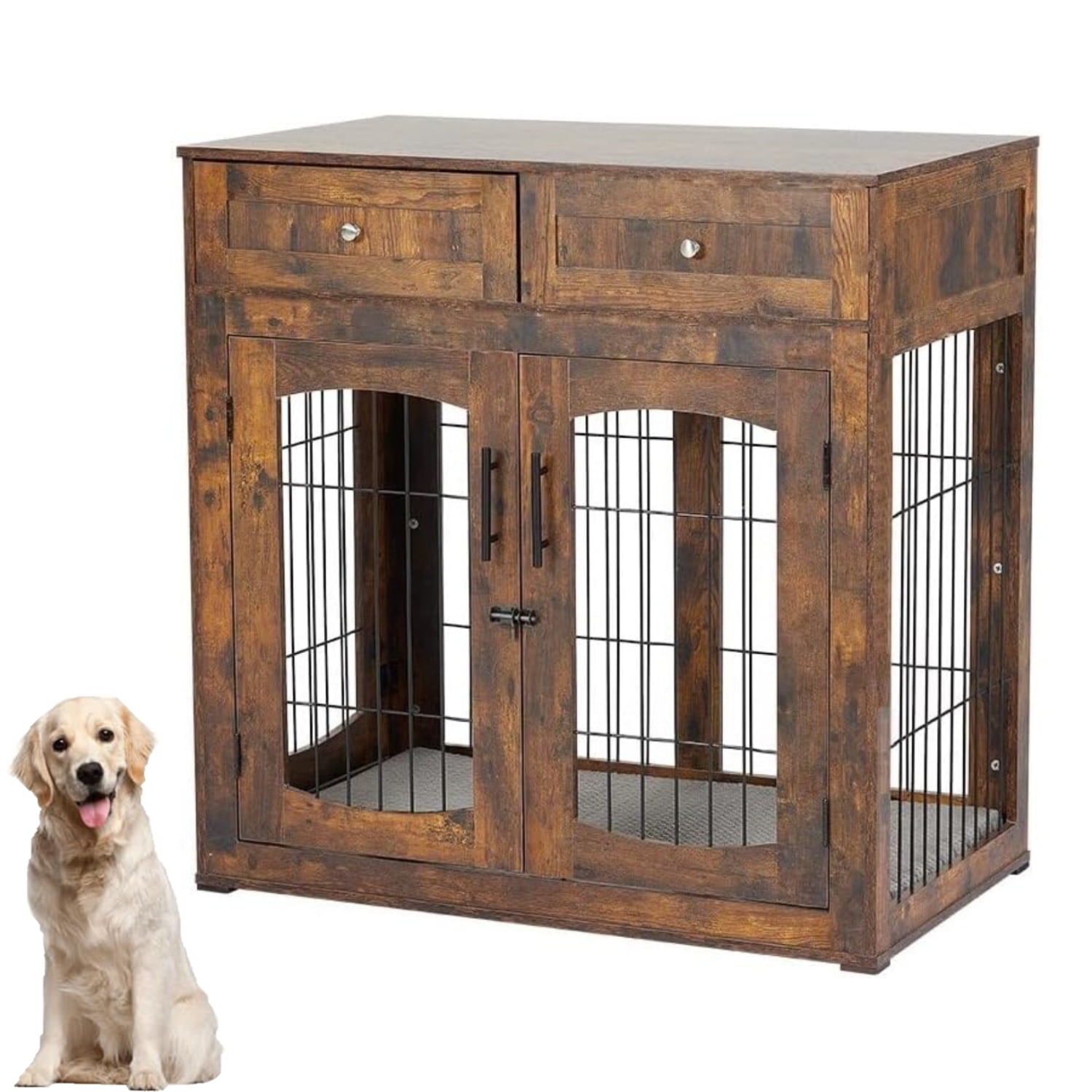 Emorefun Wooden Dog Crate Furniture, 40" Heavy Duty Dog Kennel with Cushion & Drawers for Indoor, Rustic Brown