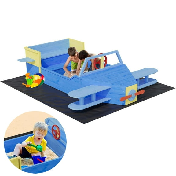 Emorefun Wooden Sand Pit for Kids Ages 4-8, Airplane Outdoor Sandbox with Bottom Liner & 2 Bench Seats for Beach, Patio, Backyard