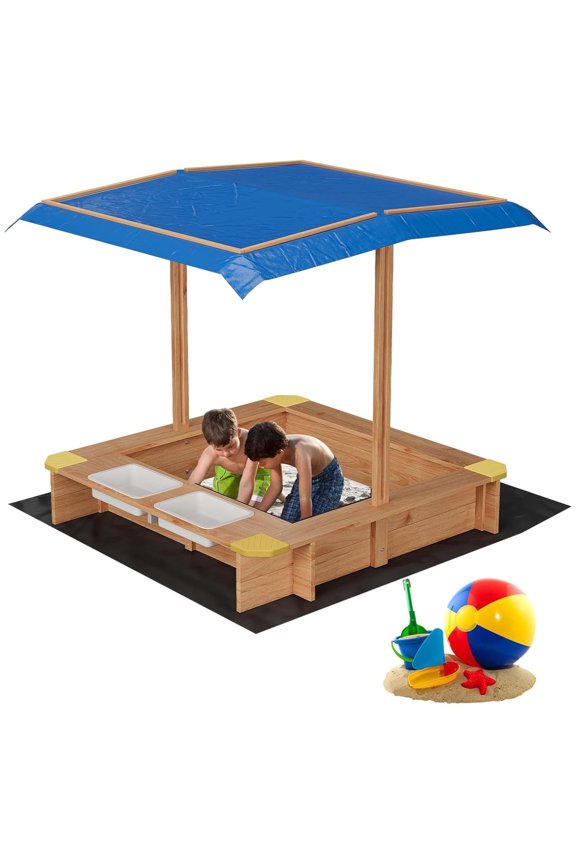 Wooden Sandbox with Cover, Outdoor Sand Pit W/2 Side Buckets & Adjustable Canopy for Beach, Patio, Backyard