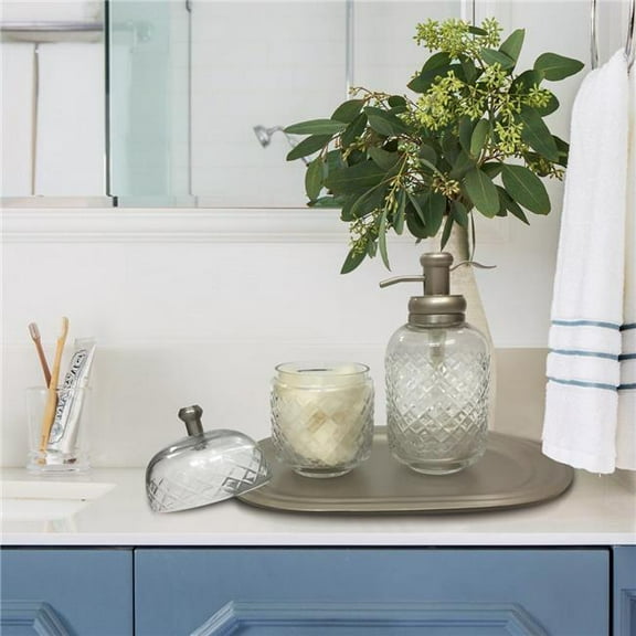 Emory Glass Soap Pump & Q-Tip Jar Set with Vanity Tray, Vintage Pewter Plated - Set of 3