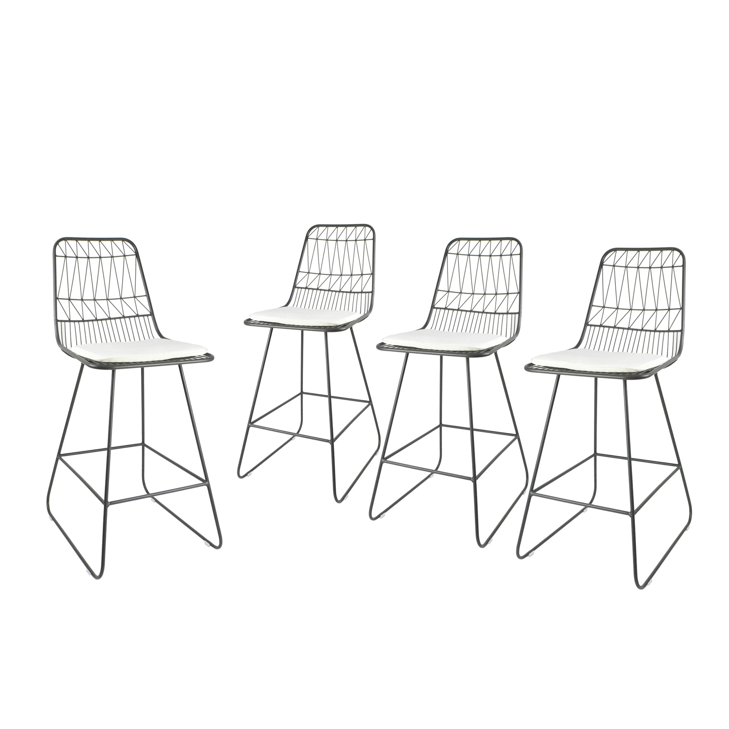 Gray Iron Outdoor Counter Stools with Off-White Cushions, Set of 4
