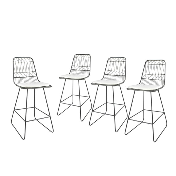 Emory Outdoor Wire Counter Stools with Cushions (Set of 4), Gray and Ivory