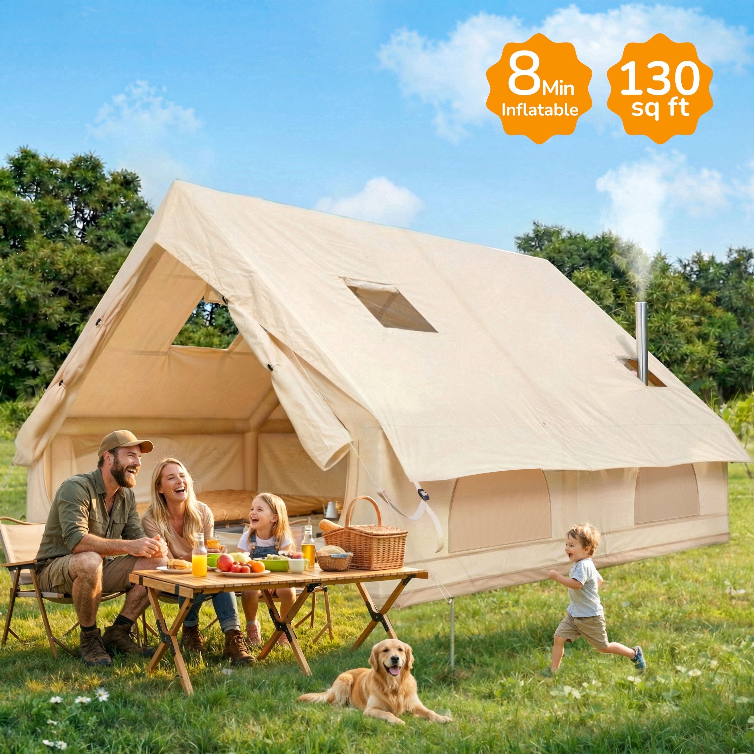 Qunler 8-10 Person Inflatable  Tent, Large Open-Space Air Tent with 2 Doors, Waterproof Blow Up Cabin for Family, Beige