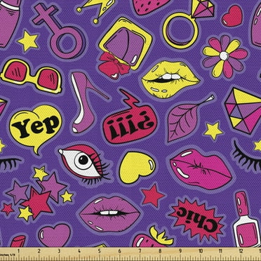 Ambesonne Retro Fabric by the Yard Upholstery, 90s Cartoon Design Pattern, 5 Yards, Multicolor