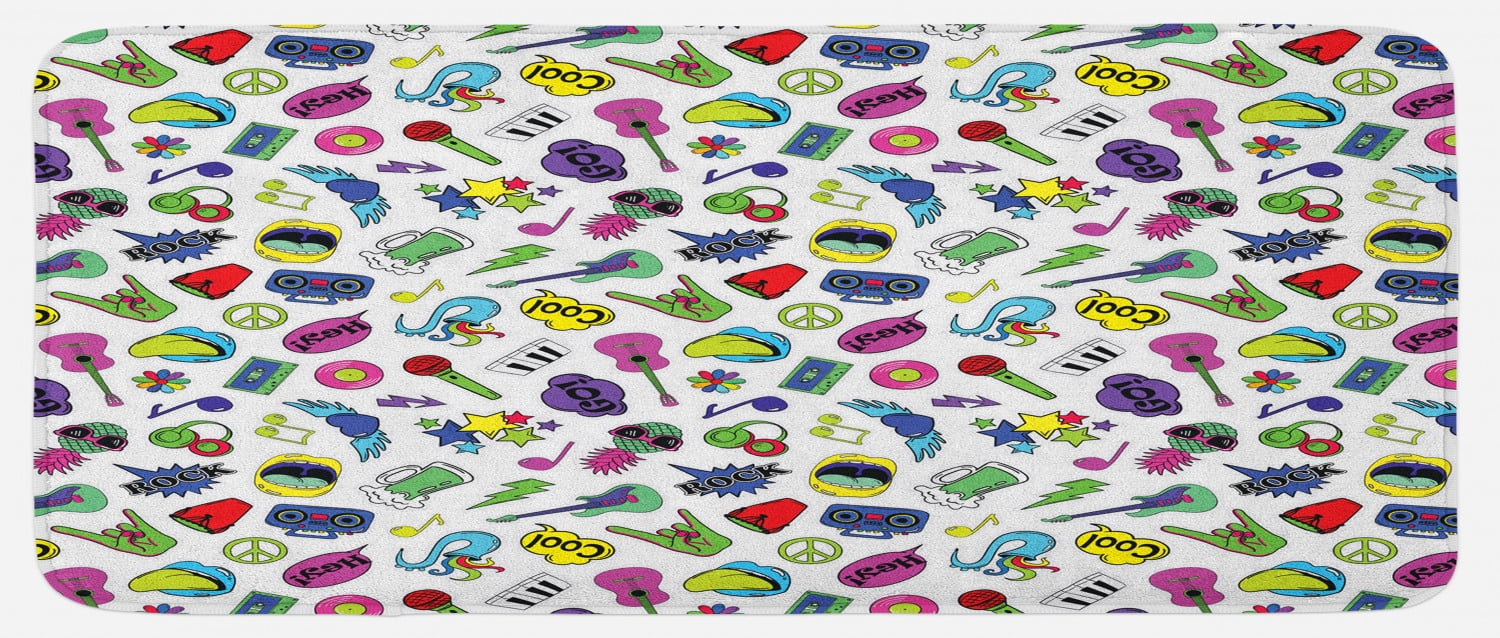 Emoticon Kitchen Mat, Colorful Fun Music Themed Pattern with ...