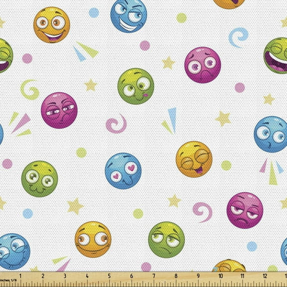 Ambesonne Funny Faces Fabric by the Yard Upholstery, Art Round Characters, 5 Yards, Multicolor