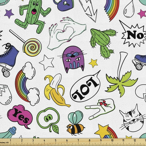 Ambesonne Retro Fabric by the Yard Upholstery, Colorful 80s Cartoon Pattern, 10 Yards, Multicolor