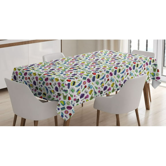 Emoticon Tablecloth, Colorful Fun Music Themed Pattern with Instruments Cassettes Boombox Hand Gestures, Rectangle Satin Table Cover for Dining Room and Kitchen, 52" X 70", Multicolor, by Ambesonne