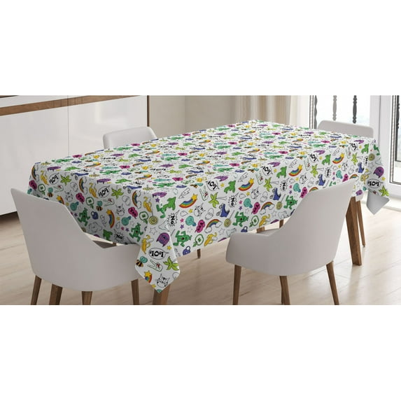 Emoticon Tablecloth, Vivid Colored Composition of Fun Retro Cartoon in 80s and 90s Comic Style, Rectangle Satin Table Cover Accent for Dining Room and Kitchen, 60" X 90", Multicolor, by Ambesonne
