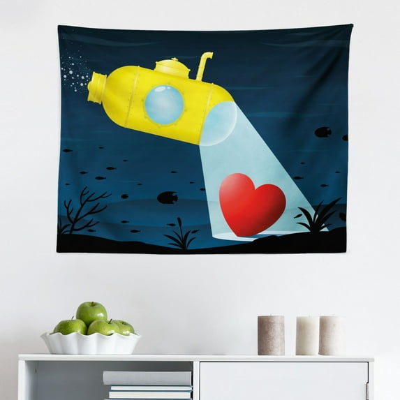 Emoticon Tapestry, Alien Face with Big Eyes Creature from Outer Space Nebula Galaxy Image Print, Fabric Wall Hanging Decor for Bedroom Living Room Dorm, 2 Sizes, Yellow and Blue, by Ambesonne