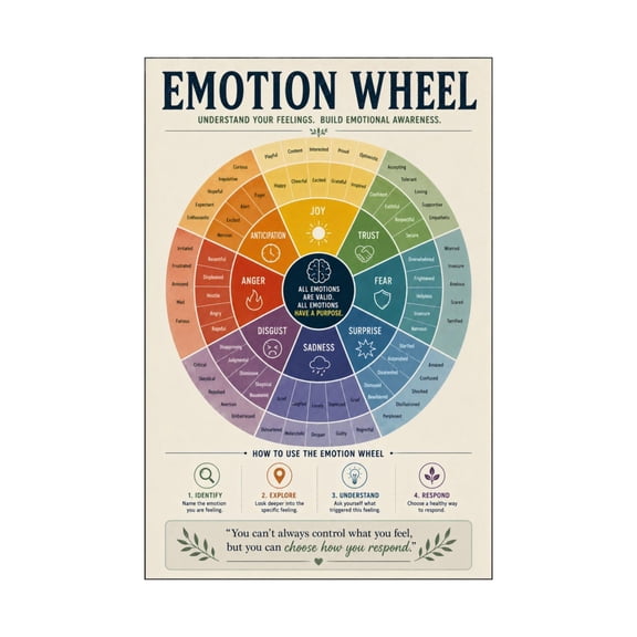 Emotional Intelligence Poster Emotion Wheel Guide for Self Awareness Mindfulness Home Office Wellness Decor