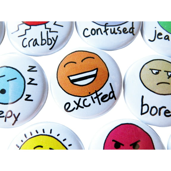 Emotional Learning Tools, Emotions and Feelings Charting, for kids, classroom, therapy, workplace - 35 Mood Buttons Pins