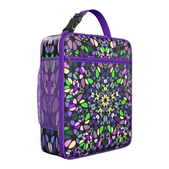 Emotional Mandala Lunch Bag, Insulated Reusable Cooler Tote with Psychedelic Geometric Pattern, Waterproof Boho Folk Style Thermal Lunch Box