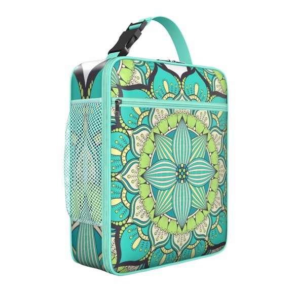 Emotional Mandala Lunch Bag, Insulated Reusable Cooler Tote with Psychedelic Geometric Pattern, Waterproof Boho Folk Style Thermal Lunch Box