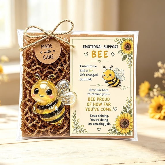 Emotional Support Bee Figurine with Encouragement Card, Mini Pocket Keepsake Ornament, Stress‑Relief Desk Decor, Holiday Gift for Family and Friends