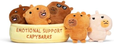 Emotional Support Capybaras by Relatable, Cuddly Stuffed Animals and Plushies Set, Includes 5 Capybara Plush Toys with Carrying Basket, Cute Stuff and Great Gift for Loved Ones of All Ages