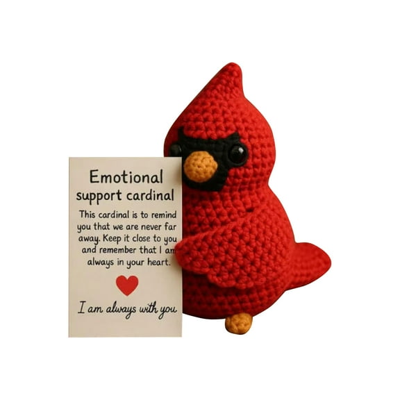 Emotional Support Cardinal Crochet Bird, Positive Amigurumi Handmade Stuffed Animal with Heartfelt Message Card, Desktop Ornament Home Decor Gift for Friends Family Lovers
