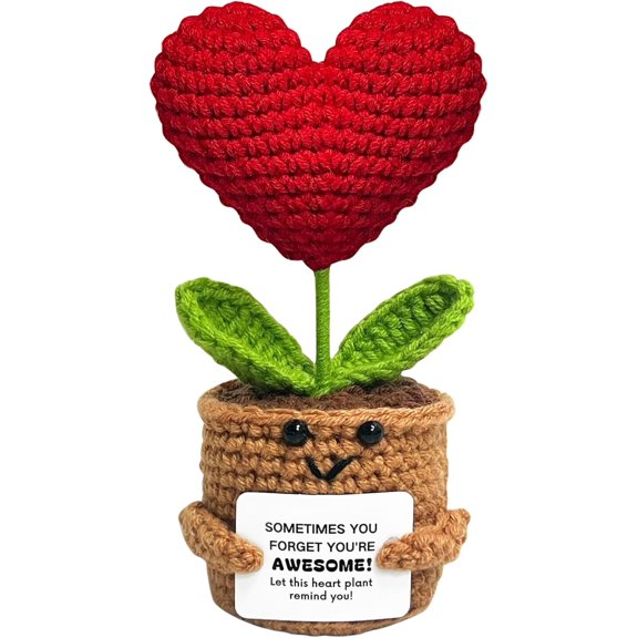 Emotional Support Crochet Flower Gift, Handmade Plush Plant with Positive Message, Unique Mini Decor for Desk, Friends, Teachers, 5 Styles - Heart of Confidence Buddy