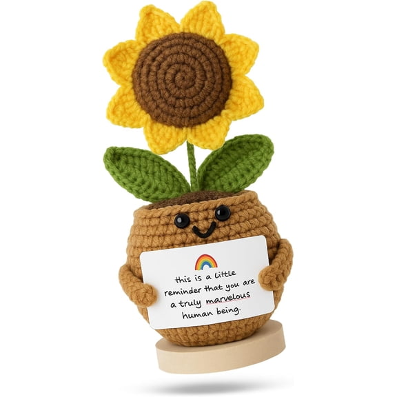 Emotional Support Crochet Flower Gift, Handmade Plush Plant with Positive Message, Unique Mini Decor for Desk, Friends, Teachers, 5 Styles - Marvelous Sunflower Buddy