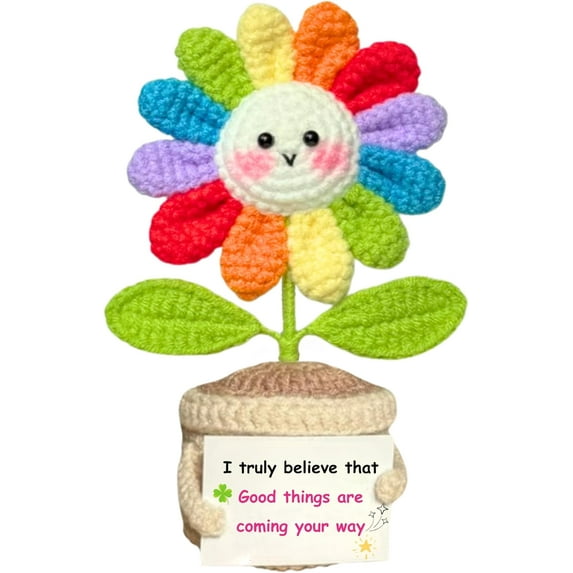 Emotional Support Crochet Flower in Rainbow Colors with Encouragement Card – Handmade Plush Decoration Gift for Desk, Office, Home – Thoughtful Gift for Women, Friends, Coworkers