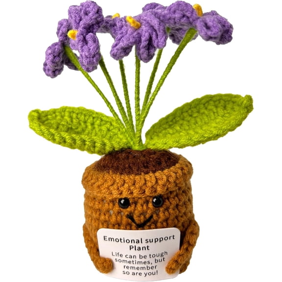 Emotional Support Crochet Flowers with Positive Card, Handmade Positive Crochet Potted Cheerful Present for Office Desk Decor, Living Room Car Decor(Purple)