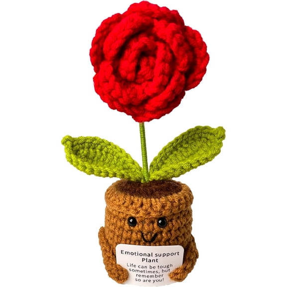 Emotional Support Crochet Flowers with Positive Card, Handmade Positive Crochet Potted Cheerful Present for Office Desk Decor, Living Room Car Decor(Red)