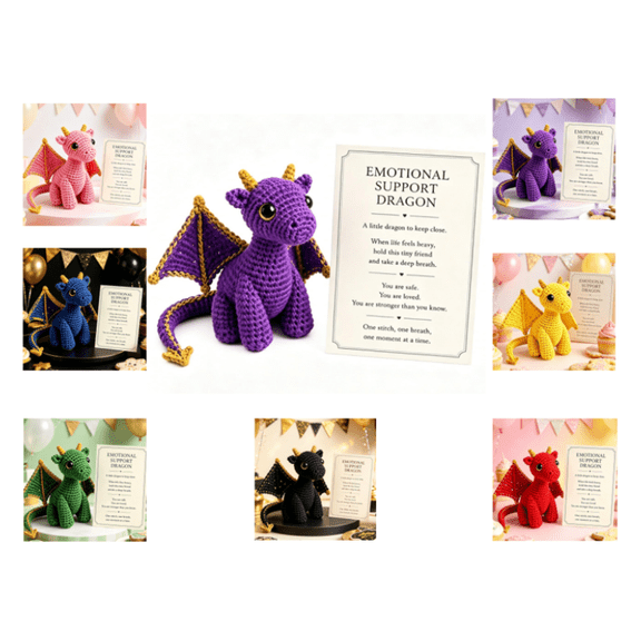 Emotional Support Dragon Pocket Buddy, Cute Hand-Knitted Buddy with Inspirational Card, Anxiety Relief Desk Accessory, Thoughtful Gift for Fantasy Lovers purple