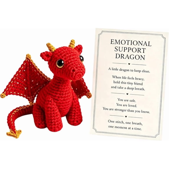 Emotional Support Dragon Pocket Buddy, Hand-Stitched Mini Dragon Comfort Figurine with Big Golden Eyes, Cute Anxiety Relief Pocket Hug Companion, Inspirational Gift for Men Women (Red)
